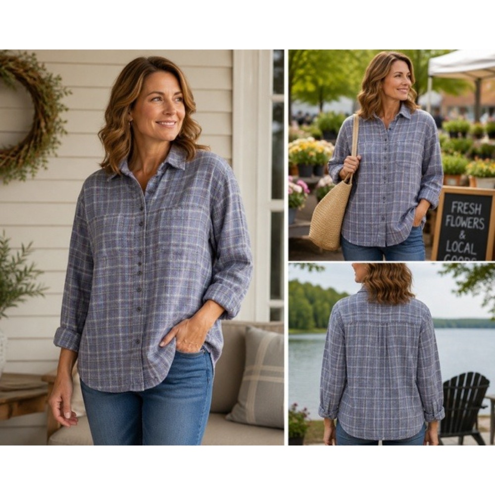 Woolrich Womens XL Ultra Violet Plaid Cotton Flannel Button Down Shirt 2006